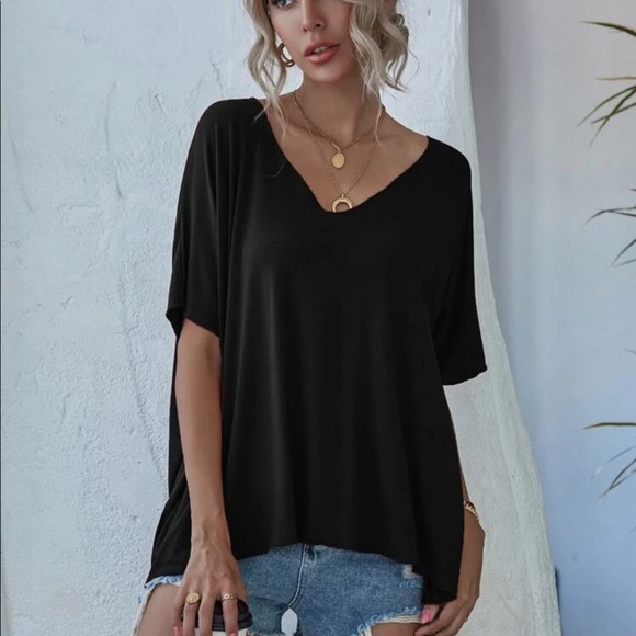 Black V Neck batwing sleeve slouchy tee - Picture 5 of 7
